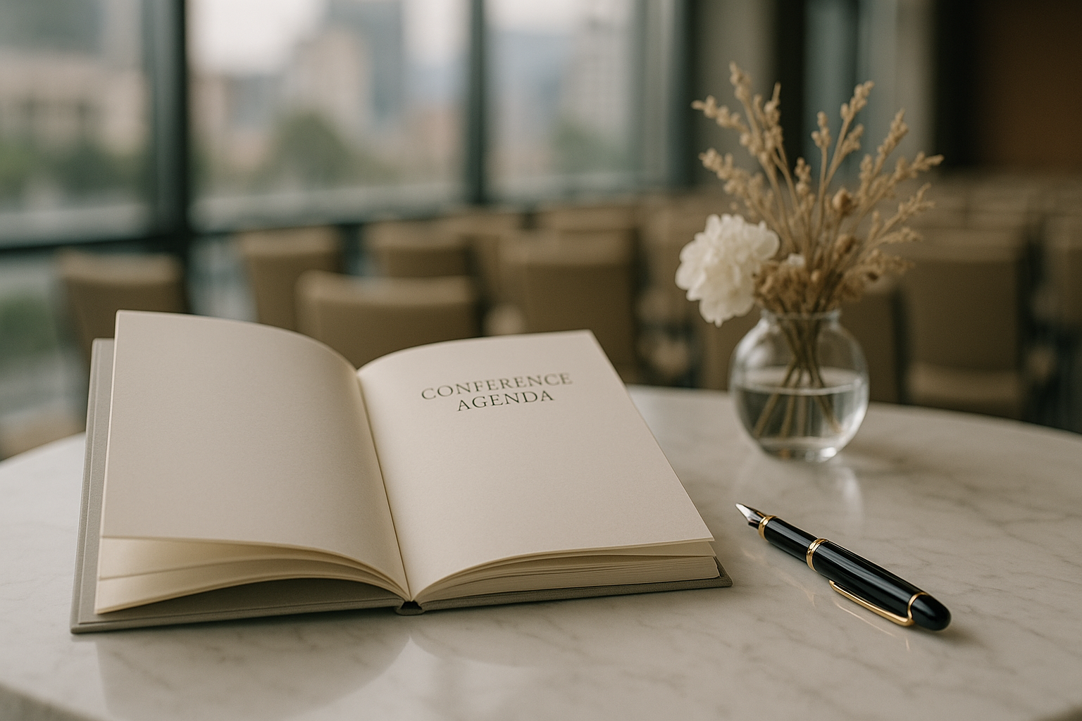 Auditorio con agenda impresa y ambientación sobria para congreso